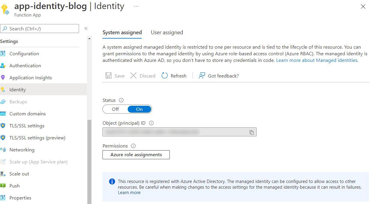 Screenshot of an Azure Function with a system-assigned identity
