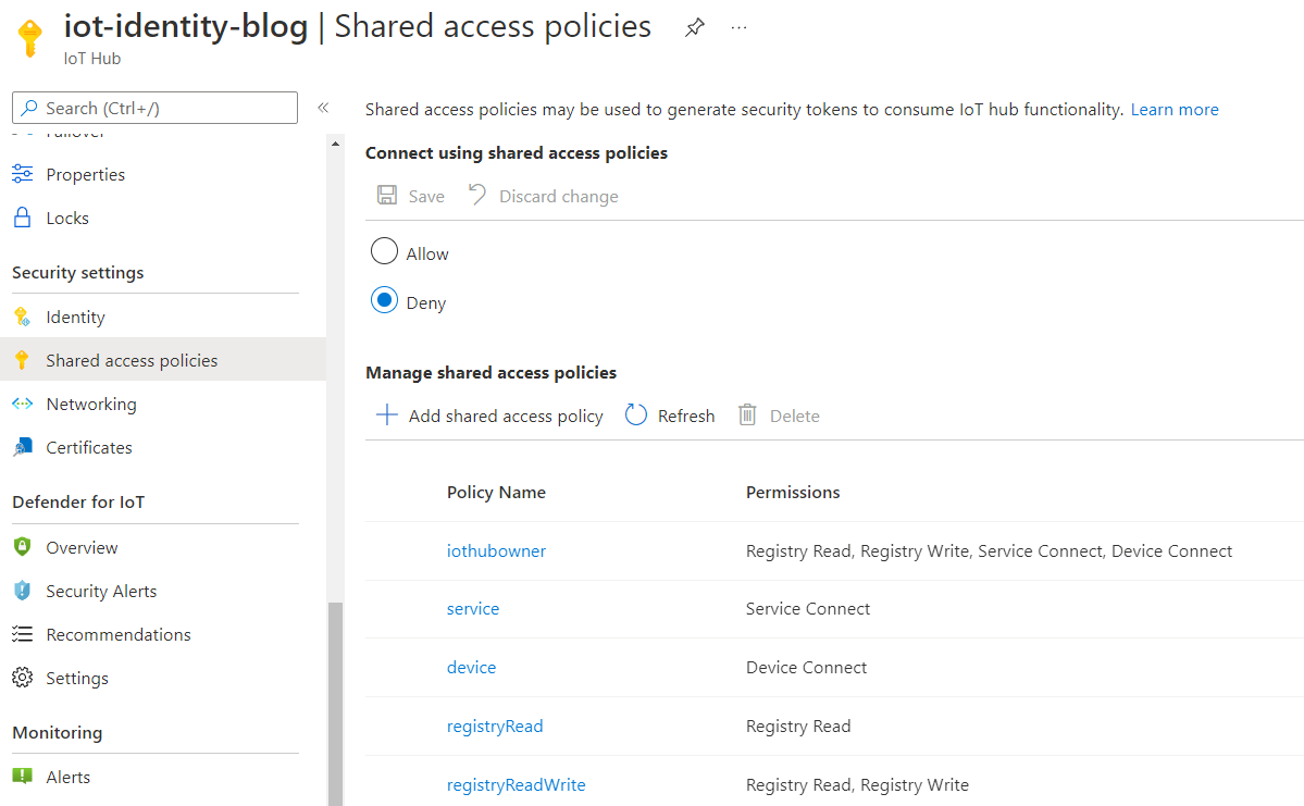 Screenshot that shows the access policies are disabled