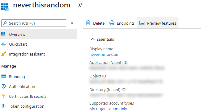 Screenshot the Azure Portal, show the application registration authentication