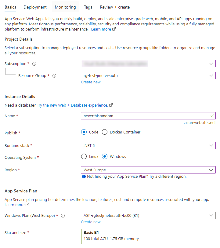 Screenshot the Azure Portal, creating an App Service