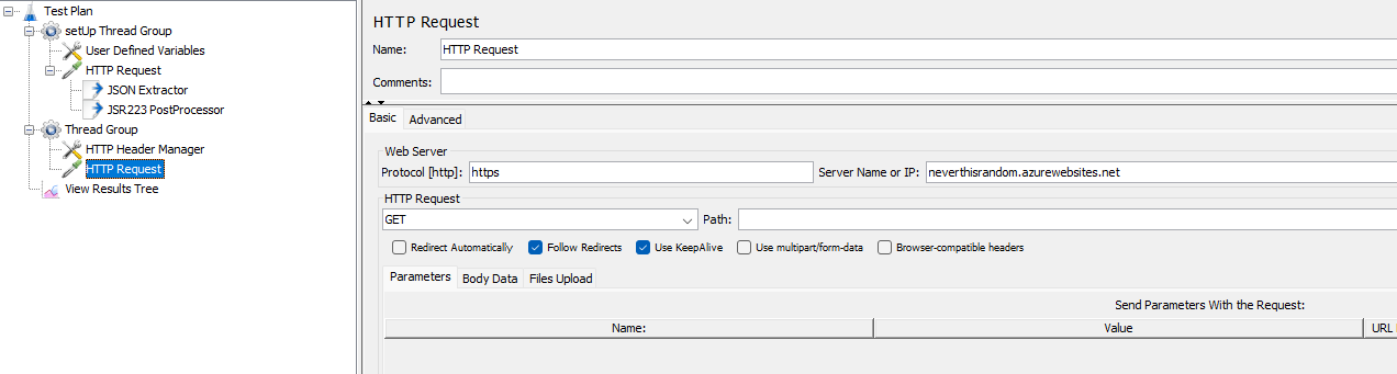 JMeter screenshot, showing the HTTP request to the site