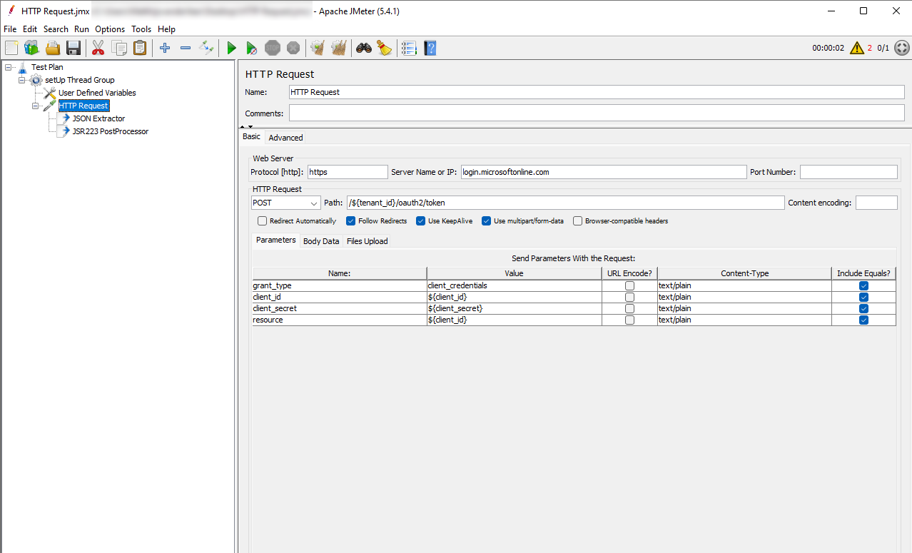 JMeter screenshot, showing the HTTP request