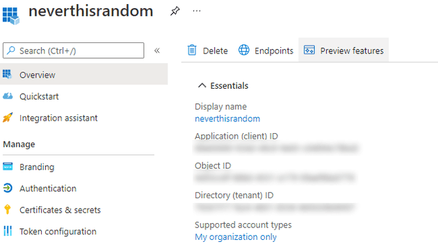 Screenshot the Azure Portal, show the application registration authentication