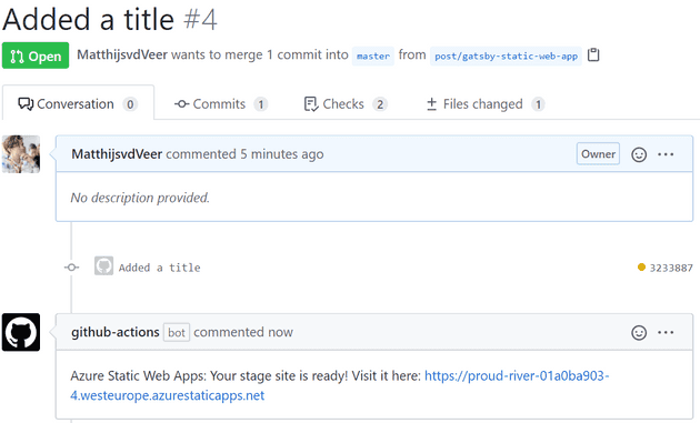 A pull request for Azure Static Web App