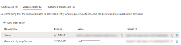 Screenshot the Azure Portal, showing the client secrets
