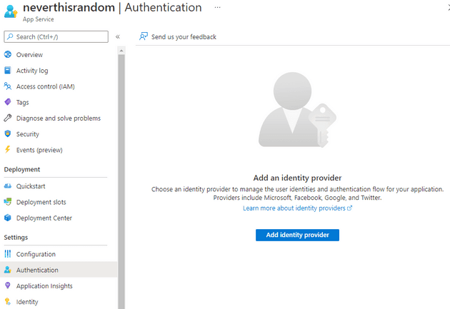 Screenshot the Azure Portal, opening the Authentication blade