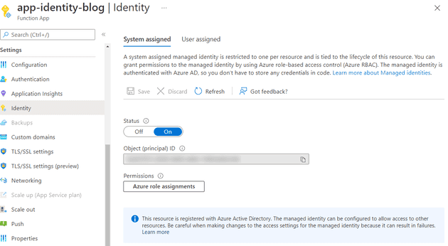 Screenshot of an Azure Function with a system-assigned identity