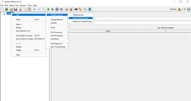 JMeter screenshot with the setUp Thread Group